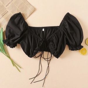 SHEIN Tie Front Ruched Puff Sleeve Crop Top